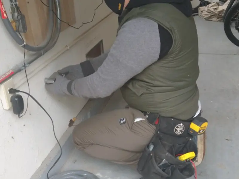 Electrician performing outlet wiring in a Manteno garage